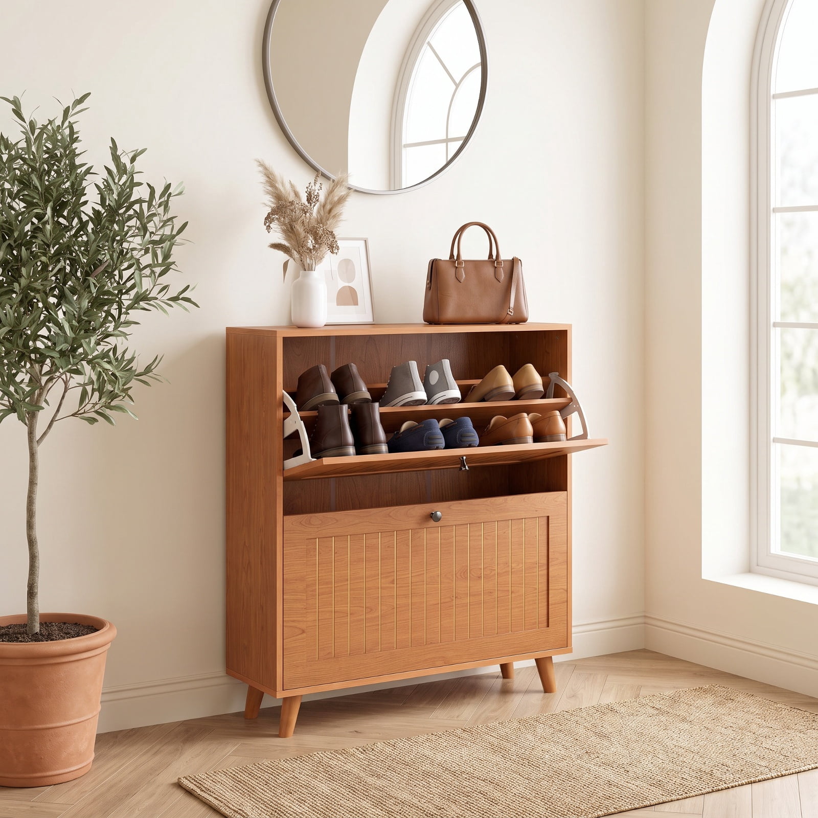 Furnibear Narrow Shoe Cabinet with Adjustable and Removable Shelves for Entryway Foyer Hallway Slim Shoe Storage Organizer, Oak