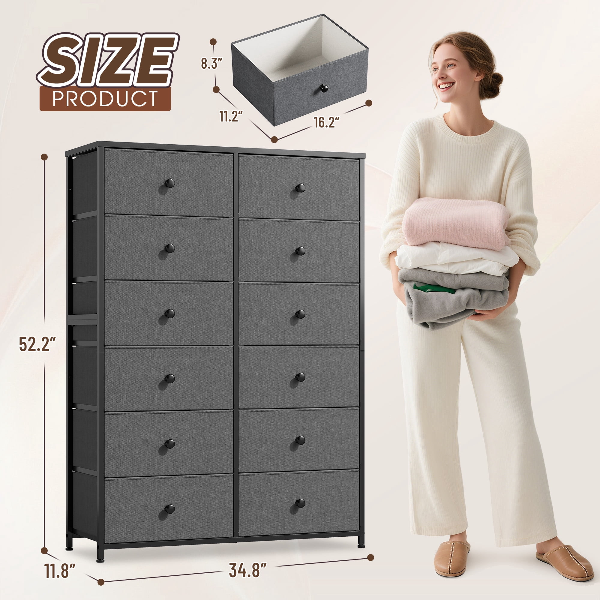 52.2" H Dresser for Bedroom with Fabric Drawers Tall Dresser with Wooden Top for Living Room, Light Gray