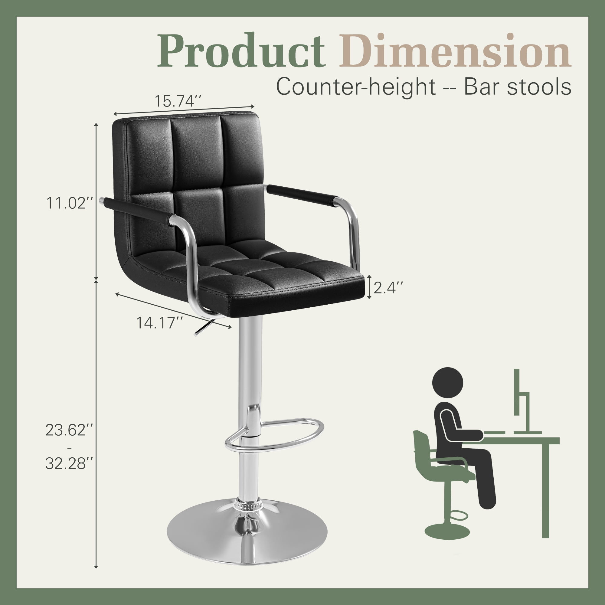 Homall Bar Stools Set of 2 Modern PU Leather Height Adjustable Hydraulic Kitchen Counter Square Island Swivel Barstool with Armrest, Black