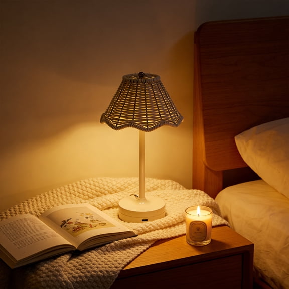 Eespoir Vintage Rattan LED Table Lamp, Rechargeable Touch Dimmable Bedside Lamp, with Scalloped Woven Shade, for Bedroom, Living Room, Patio