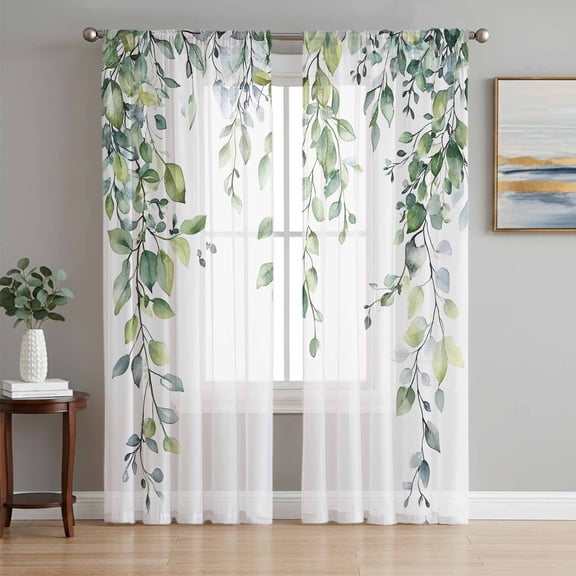 Green Eucalyptus Leaf Semi Sheer Curtains 63 Inch Length 2 Panels Set, Spring Botanical Leaves Floral Sheer Kitchen Curtain Privacy Voile Window Curtain for Living Room Bedroom Rod Pocket Drapes