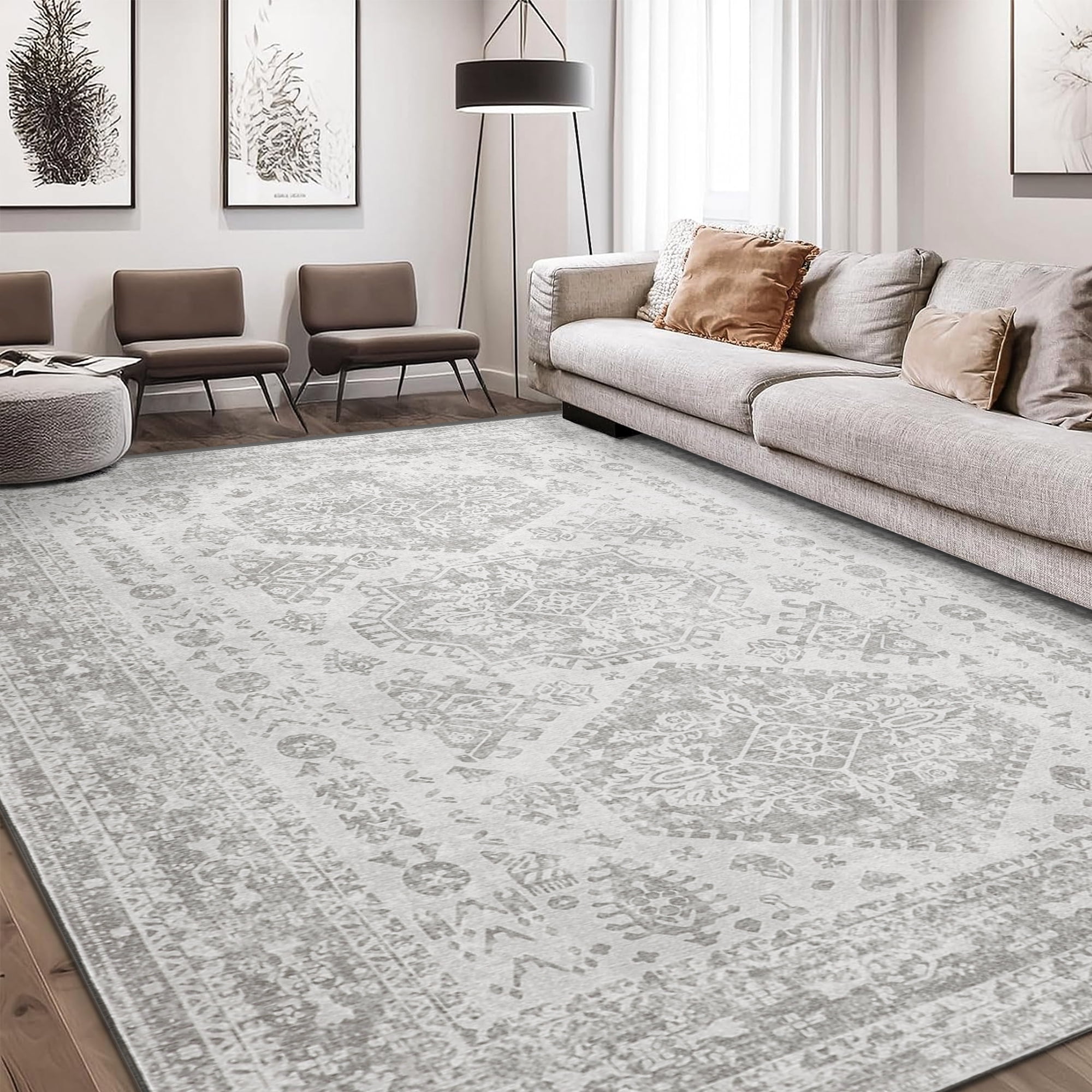 KUETH Area Rugs for Living Room 8x10 Machine Washable Bedroom Rugs Distressed Vintage Print Gray Large Throw Rug Dining Room Aesthetic, Non Slip Carpet with Gripper