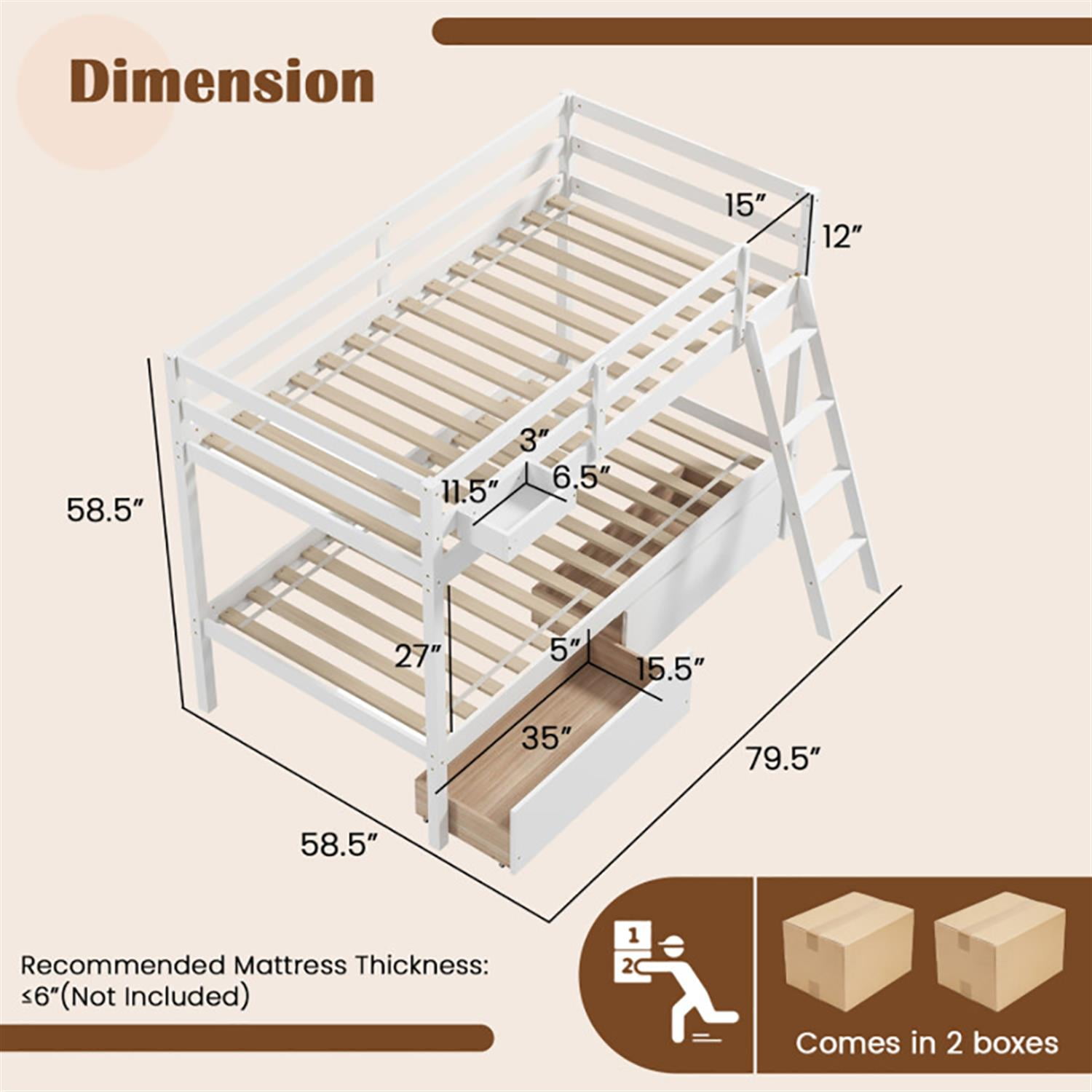 Demi Bonn Twin Over Twin Bunk Bed with 2 Storage Drawers and Ladder, Twin Bunk Beds, Wood Bed Frame No Box Spring Needed, White