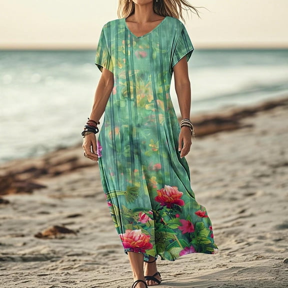 Yotami Women's Summer Beach Dress Boho Long Dress Short Sleeve V-Neck Floral Print Loose Flowy Dress for Everyday