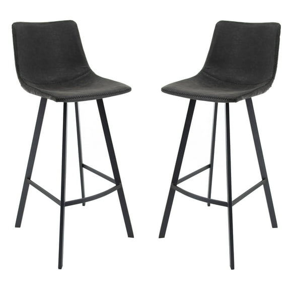 LeisureMod Elland Modern Upholstered Leather Bar Stool Kitchen Counter Stools with Iron Legs & Footrest Set of 2 in Charcoal Black