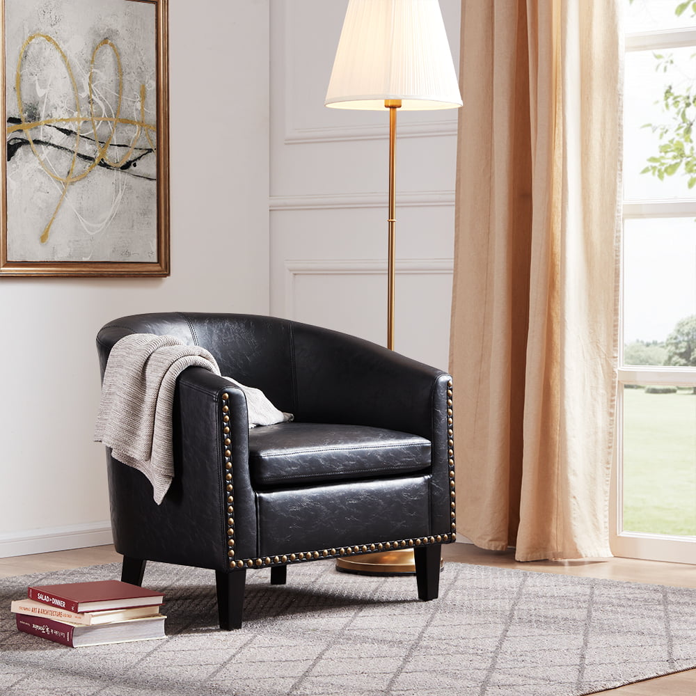 Belleze Modern Tub Barrel Accent Chair, Black Faux Leather Curtain Brown