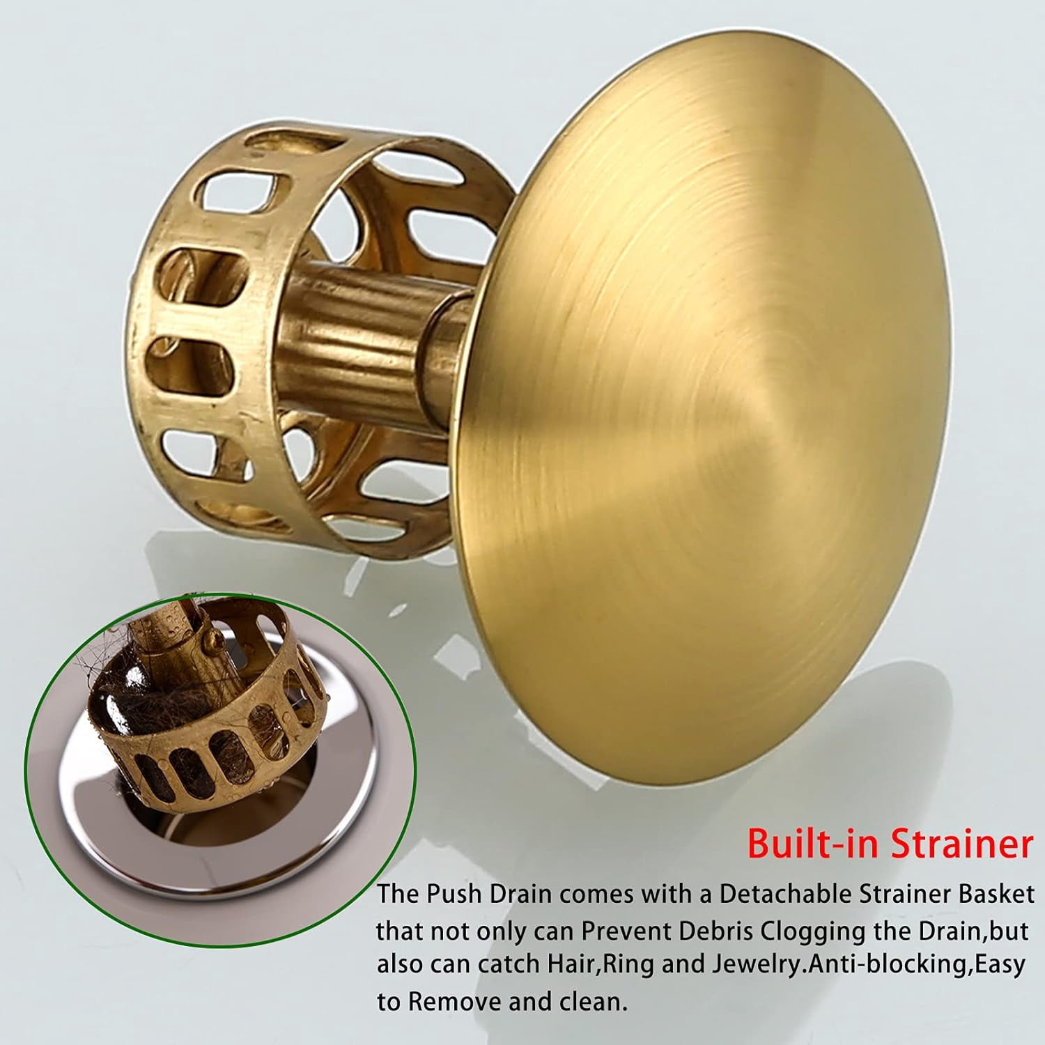 Decorniqu Pop-Up Bathroom Sink Drain Without Overflow – Brushed Gold With Detachable Filter Basket & Anti-Clog Hair Catcher