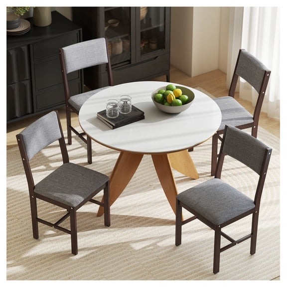 Dining Chairs Set of 4, Linen Kitchen Chairs Rubberwood Legs, Gray Dining Room Chairs for Home, Living Room, Farmhouse Style, Comfortable Seat