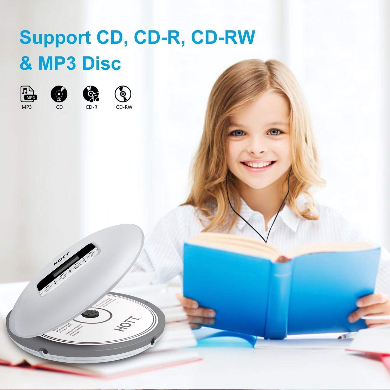 MEGICOT Portable CD Player, Personal Portable MP3/CD Player with Headphone Jack, Anti-Skip/Shockproof Protection, Compact CD Music Disc Player with LCD Display (Silver)