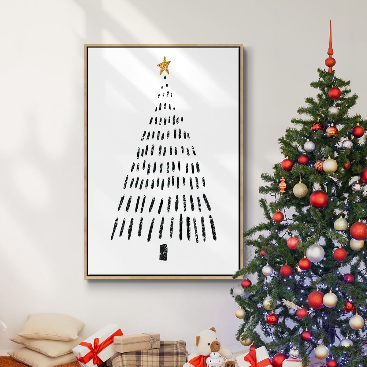 Christmas Tree - Framed Gallery Wrapped Holiday Canvas - 17 x 25 - Natural Wood Frame
