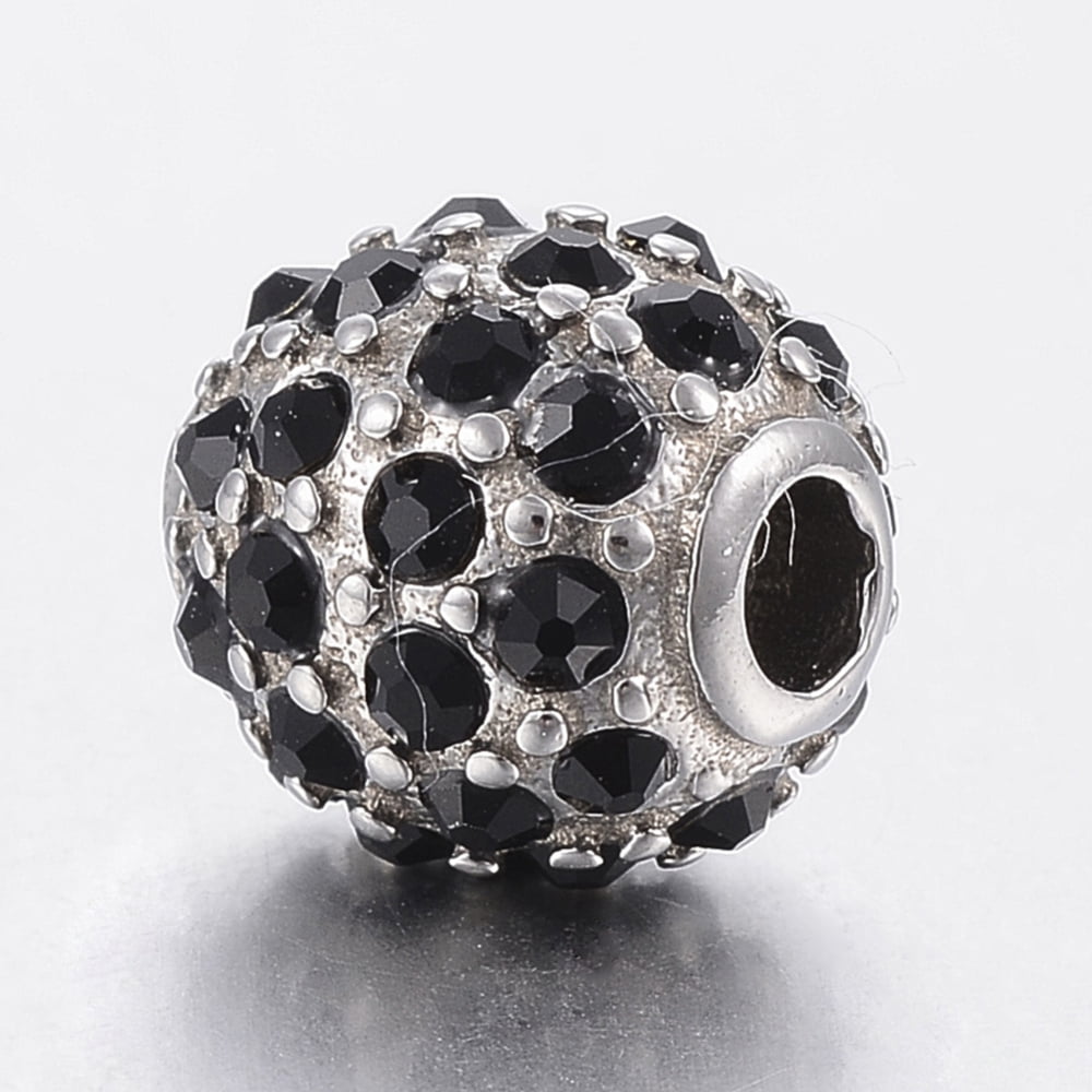 20pc 304 Stainless Steel Rhinestone Beads Round Black 10mm Hole: 3mm