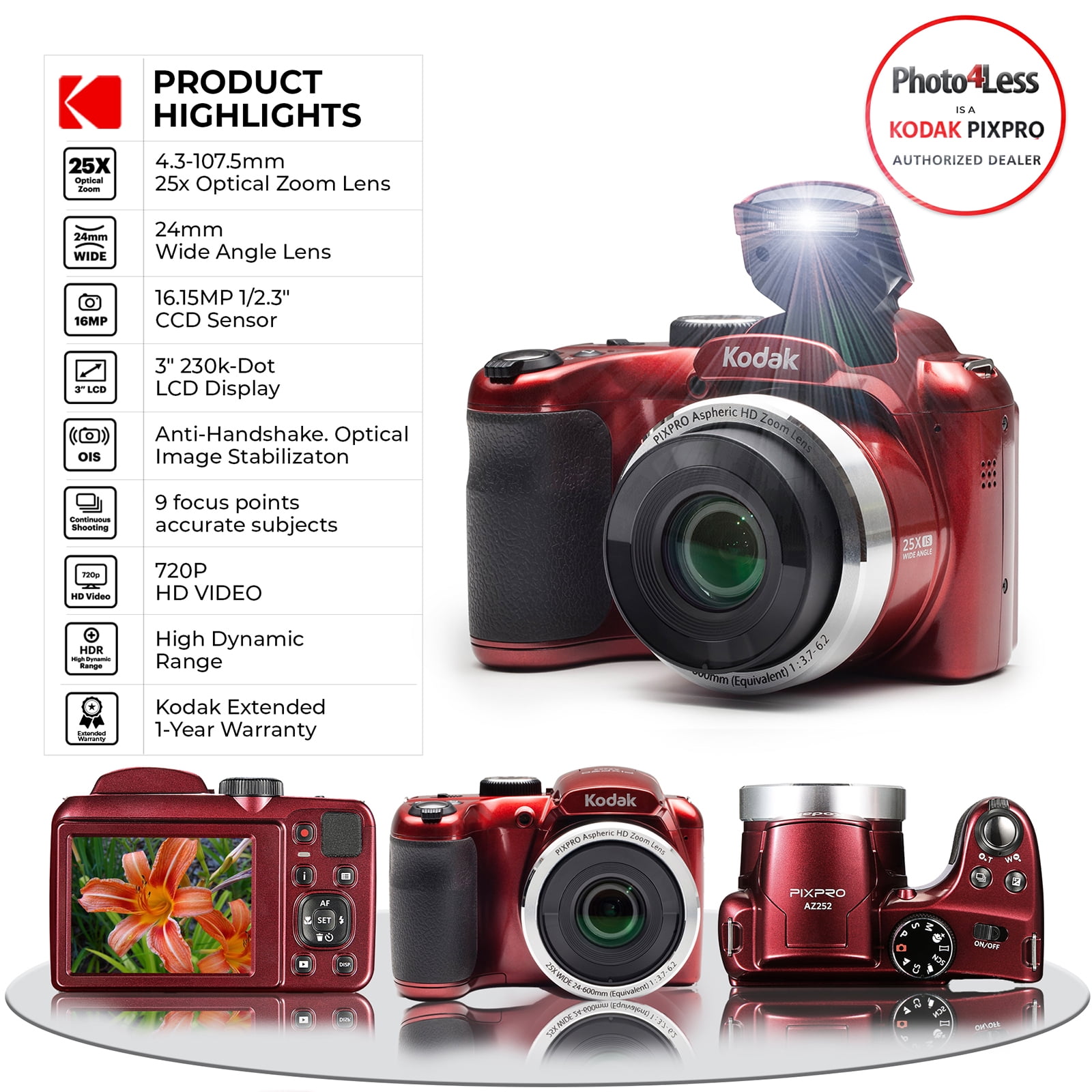 Kodak PIXPRO AZ255 25X Optical Zoom 16MP Digital Camera (Red)+ SanDisk 32GB  Memory Card (2) + Digital Camera/Video Case