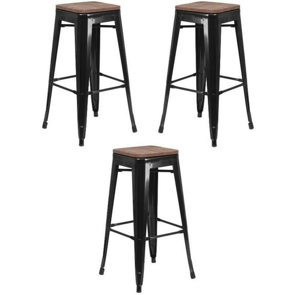 Home Square 30" Backless Metal Bar Stool in Black and Wood Grain - Set of 3