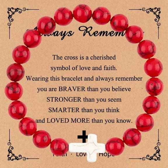 Christian Cross Beaded Bracelet - 3 Color Stretch Cord with Natural Stone Beads | Baptism & Communion Jewelry for Women, Men & Teens