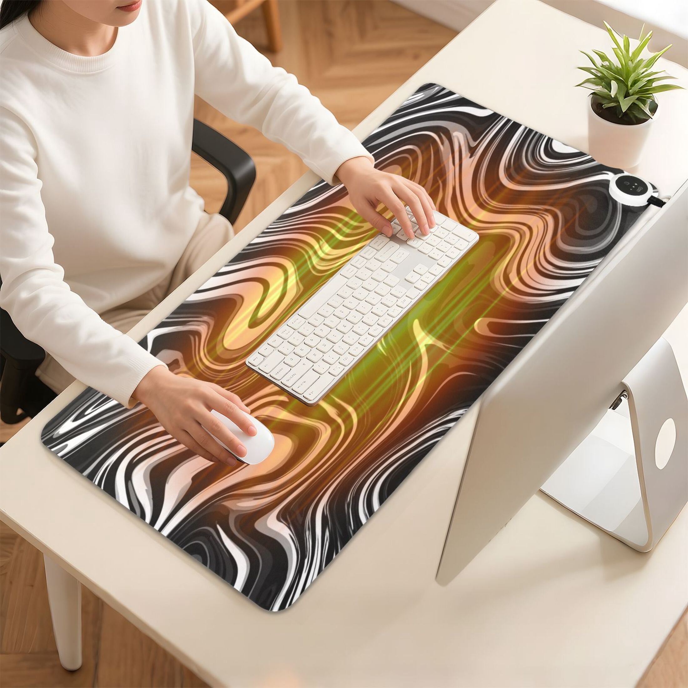 Large Heated Desk Mat Mouse Pad 31.5"x13"PU Leather Graphene Heating Desk Warmer with 3 Temperature Settings 110V US Plug Non-Slip Warm Pad for Home, Office, and Gaming Matte Black Flowing Lines