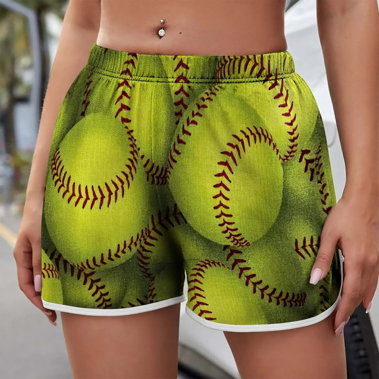 Wenini Hot6sl Shorts for Women, Women's Lightweight Summer Casual Elastic Waist Baseball Print Shorts Baggy Comfy Beach Shorts #3, Size: Large