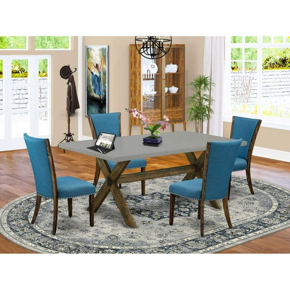 East West Furniture X797VE721-5 5Pc Wood Dining Table Set Includes a Dinette Table and 4 Parsons Dining Room Chairs with Blue Color Linen Fabric, Distressed Jacobean and Cement Finish