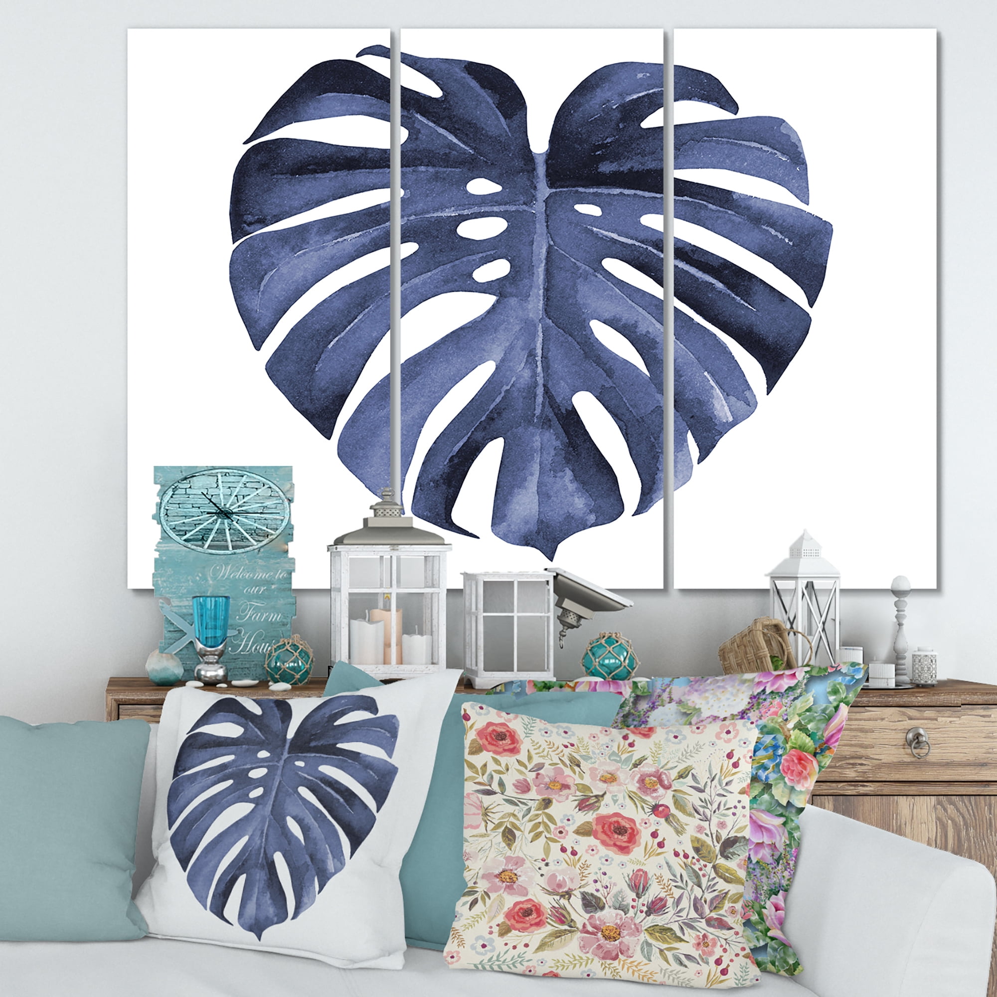 Blue Watercolour Tropical Leaves III 28 in x 36 in Painting Canvas Art Print, by Designart