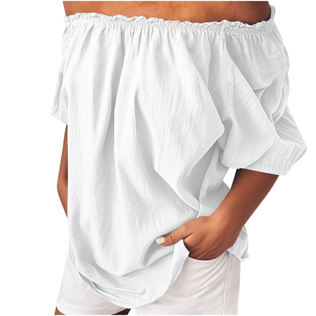 Vestidos Casuales Para Mujer, Blusas De Mujer De Moda Blusa informal de lino de manga corta, color liso, con elástico y hombros descubiertos para mujer