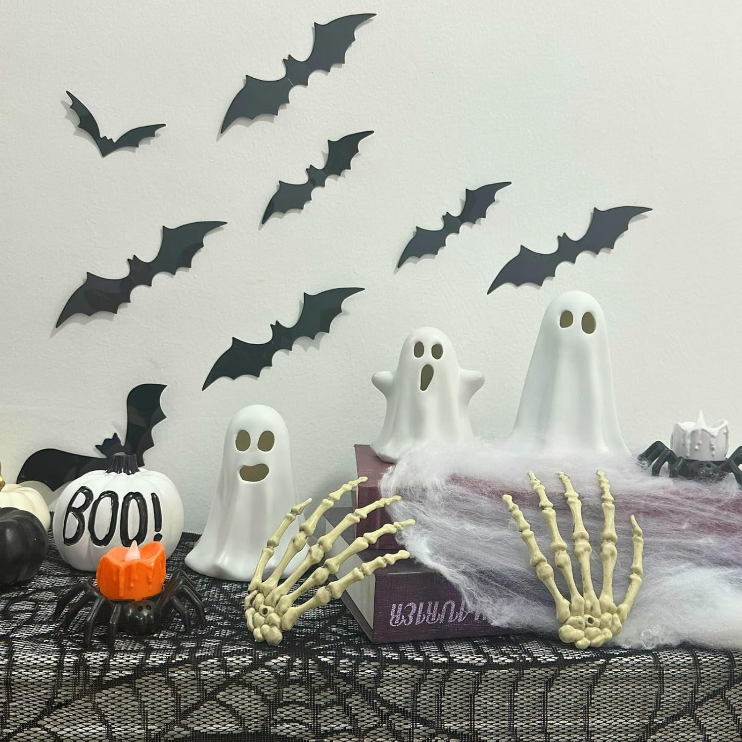 3 Pack Light Up Ceramic Ghost Figurines with Warm Glow for Halloween Decor