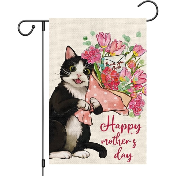 12x18 Double Sided Happy Mother's Day Burlap Flag Cat Floral Thank You Mom Spring Yard Decor (ONLY FLAG)