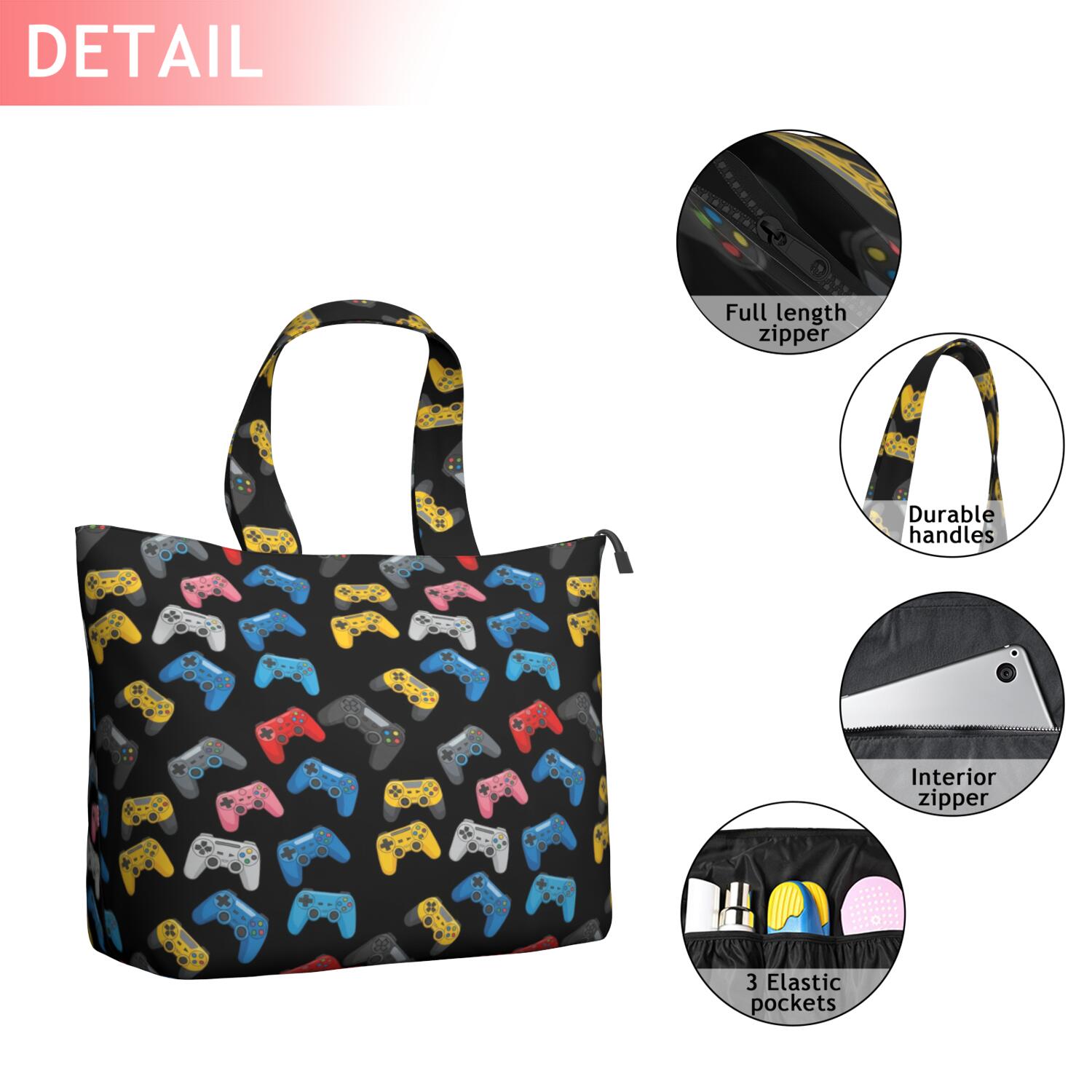 Multicolor Controllers Games Icons Black Pattern Travel Tote Bags for Women Carry On,Large Weekender Bags for Women Travel,Multi Functional Duffle Bag for Work,Shopping,Sports