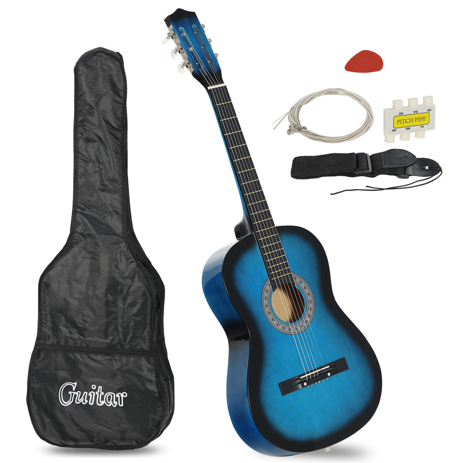 HarmonyStrings 38" Acoustic Guitar Bundle with Gig Bag Strap Pitch Pipe Extra Strings Set Pick 6 String for Beginners Starter Kids Girls Youths Students Right-handed 38 inches Blue