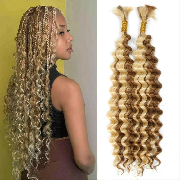 DSEKCAIN P27/613 Blonde Human Braiding Hair for Boho Braids Human Hair Deep Wave Micro Crochet Curly Braiding Human Hair Bulk Hair for Boho Braids We