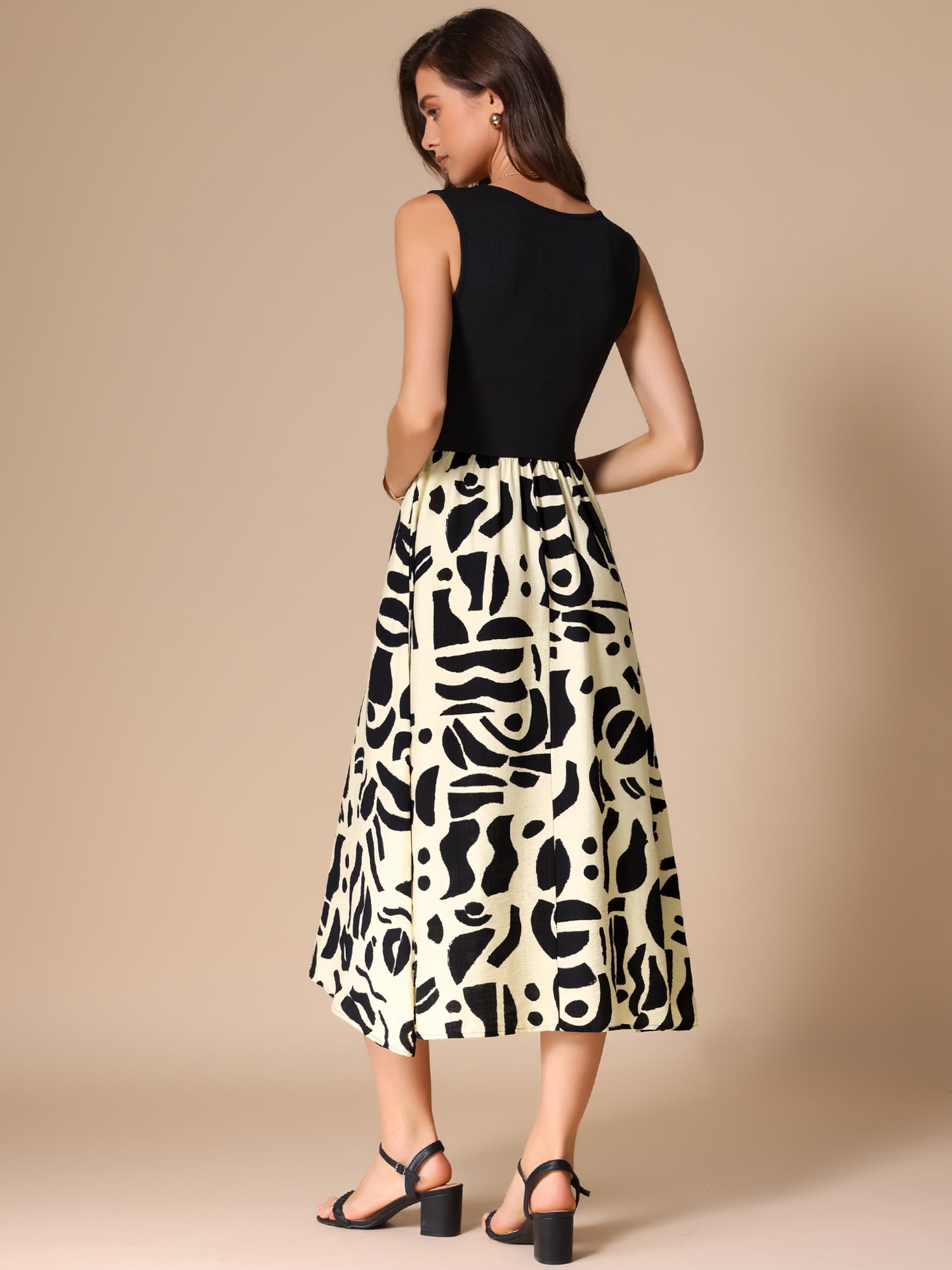 DARING DIVA Patchwork Round Neck Sleeveless Midi Dress S Black Beige