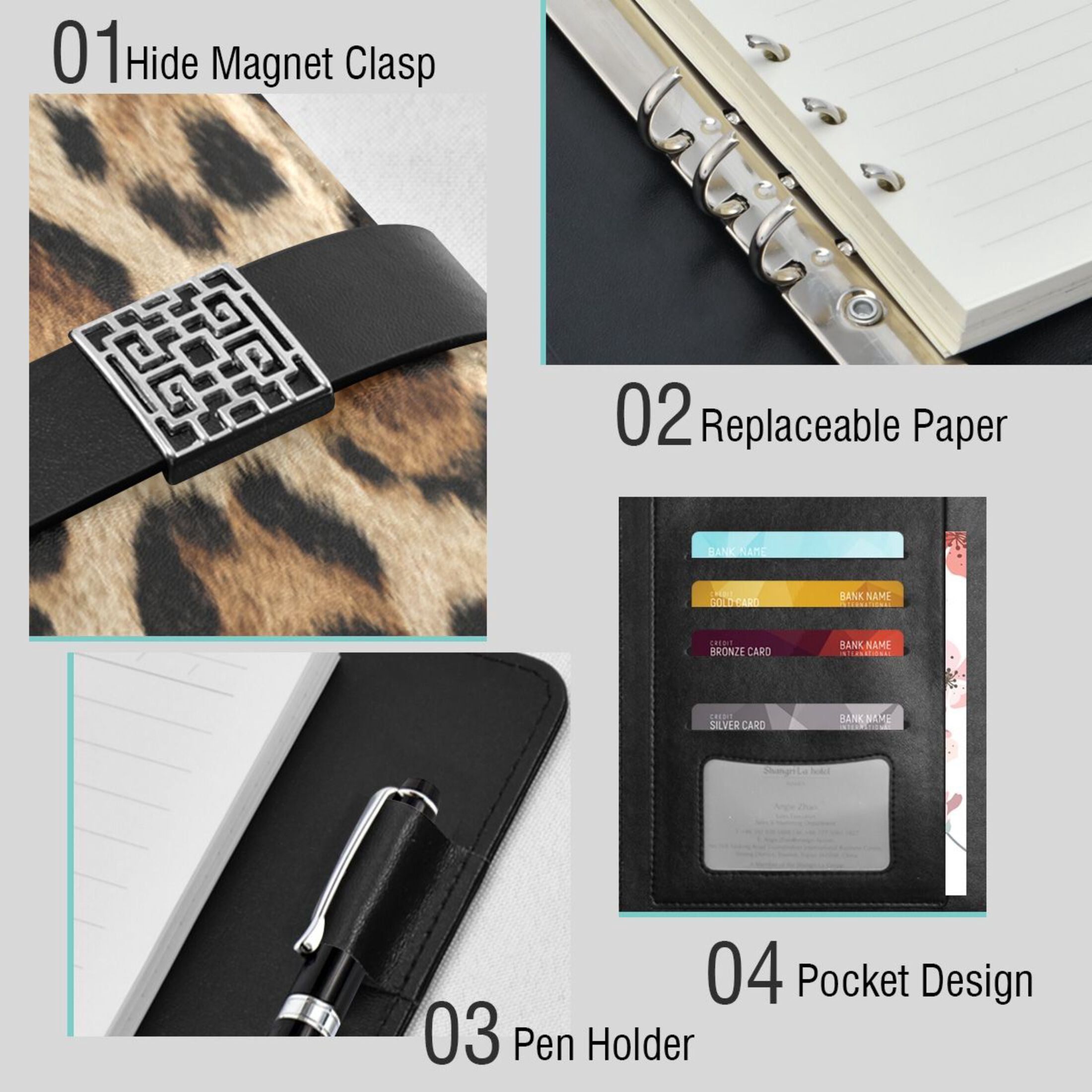 Leather Planner Leather Notebook Notebook Journal Binder Design Pen Pocket Design Convenient for Storage Leopard Pattern