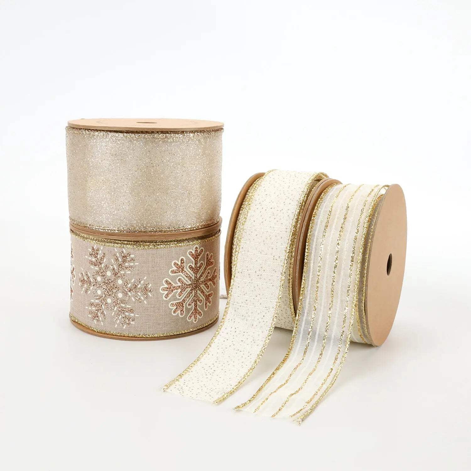 LaRibbons 1 1/2" Wired Ribbon | "Glitter Striped" White/Gold | 10 Yard Roll