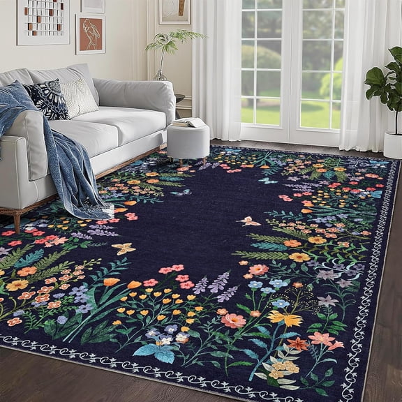 8x10 Large Washable Floral Area Rug, Soft Non Slip Slim Low Pile Botanical Carpet for Living Room Bedroom Kitchen,blue