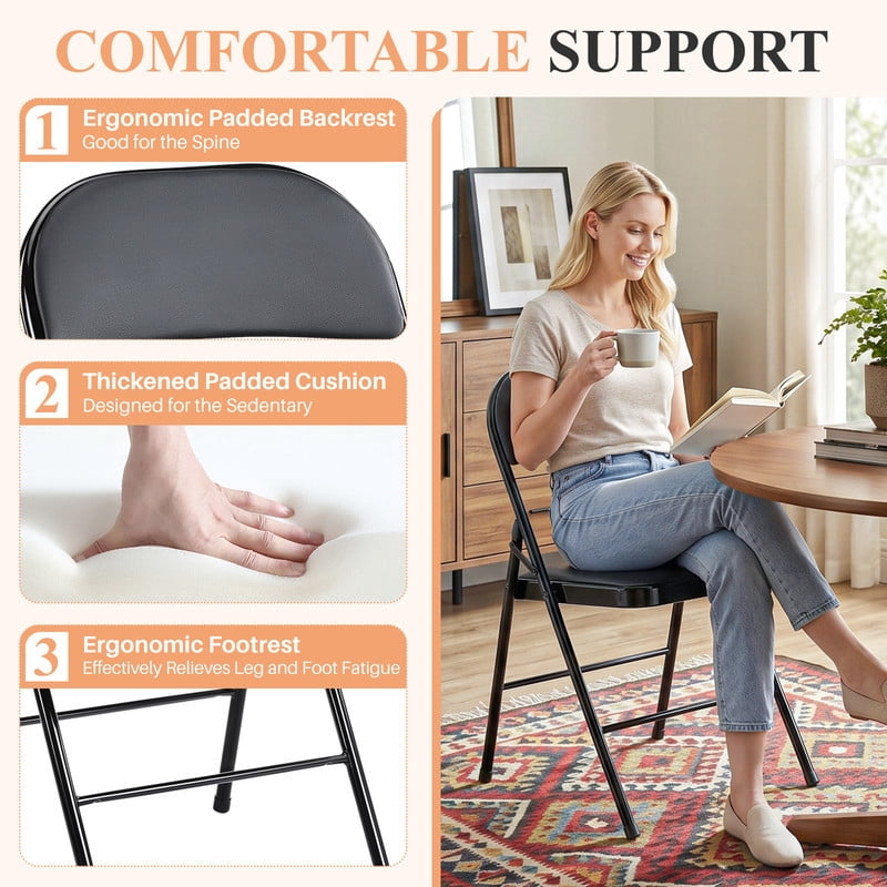 Simenmax 4PCS Folding Chair Padded, Leather Portable Stackable Chair with Steel Frame - Indoor Outdoor Use for Home, Office, Party, Wedding, Church, Black
