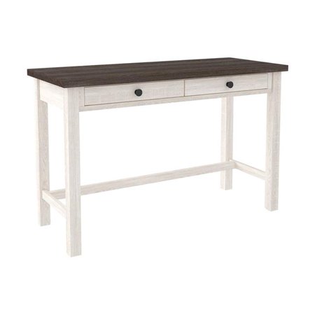 Benjara Wooden Writing Desk with Block Legs and 2 Storage Drawers  Gray and White