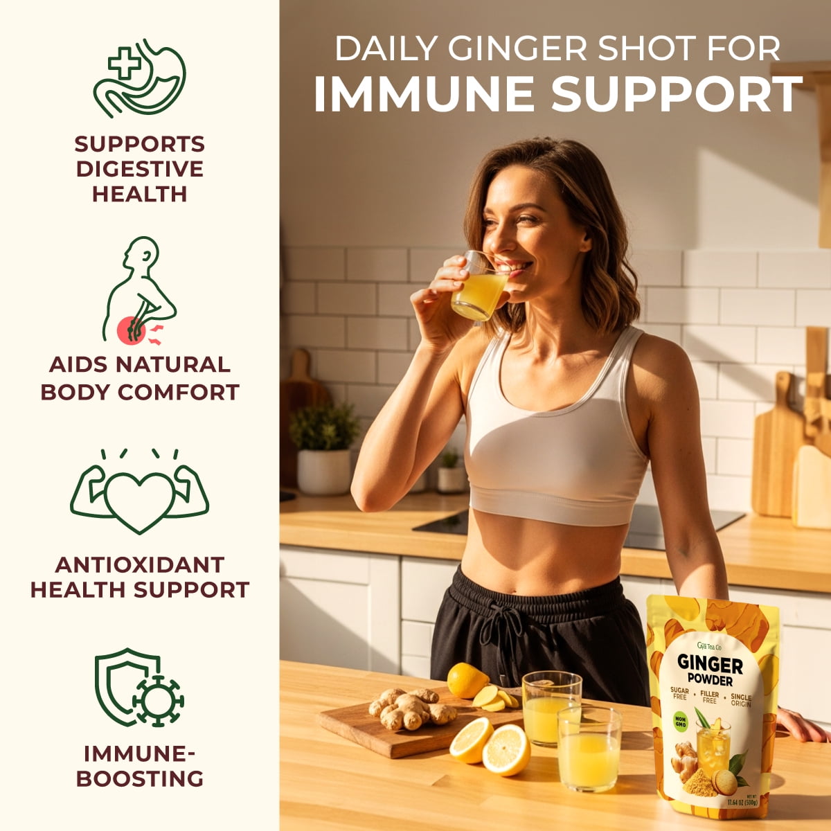 Gya Tea Co Ginger Powder 1.1lb (17.64 Oz) - 100% Real & Robust Ground Ginger, Smooth-Blending For Shots, Teas, Cooking - Antioxidant Rich For Overall Wellness, Digestion Support - Non-GMO