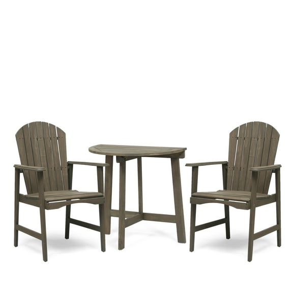 GDF Studio Perkins Outdoor Acacia Wood 3 Piece Adirondack Bistro Set with Half Round Table, Gray