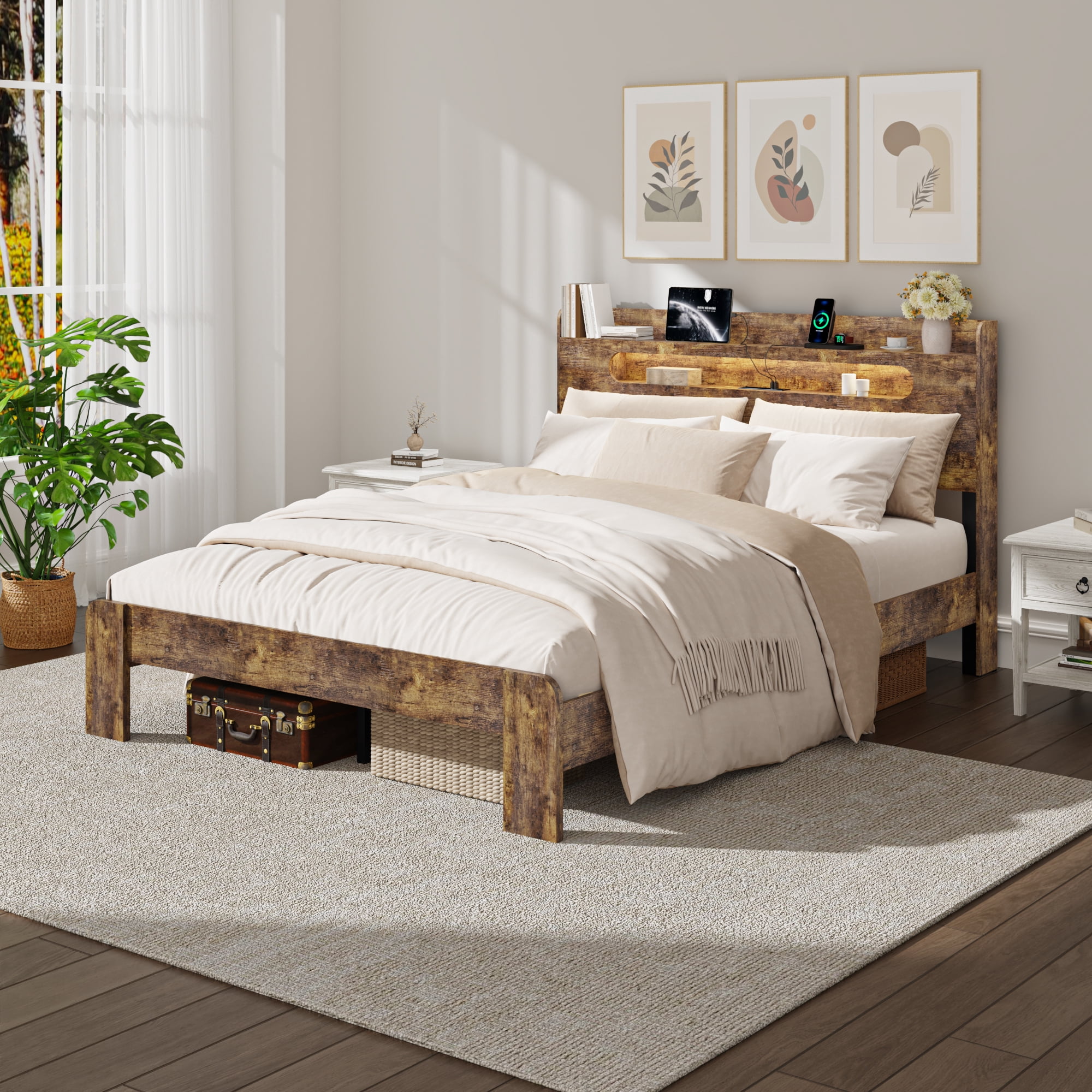 Wooden Queen Size Bed Frame with Storage Headboard, Rustic Farmhouse Platform Bed with Charging Station and LED Lights, No Box Spring Needed, Noise-Free, Easy Assembly, Brown
