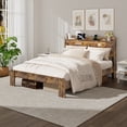 thumbnail image 3 of Wooden Full Size Bed Frame with Storage Headboard, Rustic Farmhouse Platform Bed with Charging Station and LED Lights, No Box Spring Needed, Noise-Free, Easy Assembly, Brown, 3 of 11