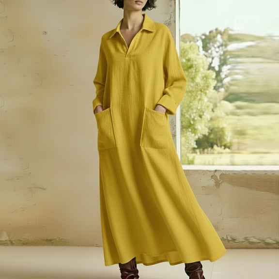 Taylonsss Womens Long Sleeve Dress with Shirt Collar Oversized Pockets Relaxed A-Line Maxi Casual Bohemian Vacation Dress