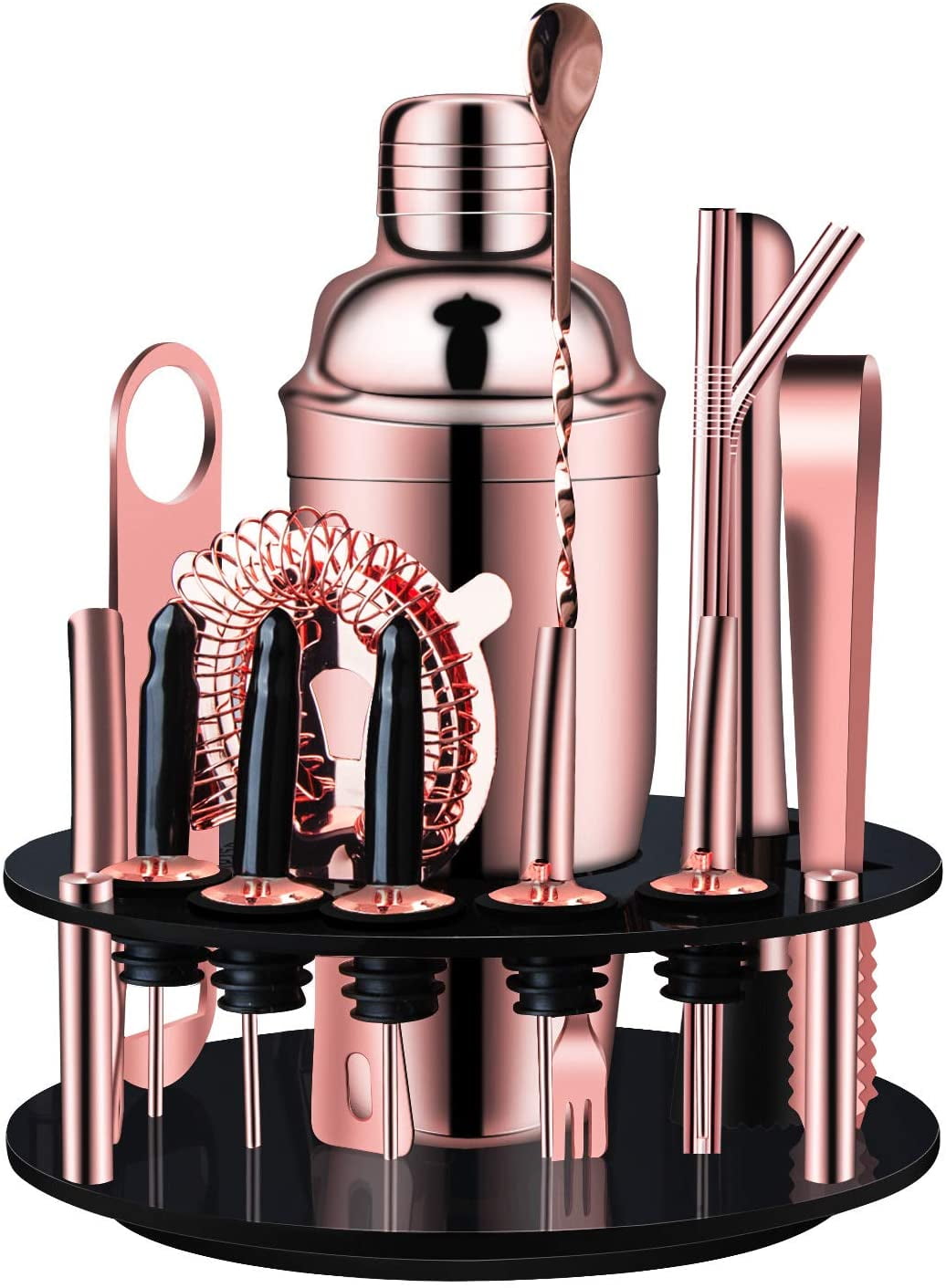 Bartender Kit,20-Piece Rose Gold Cocktail Shaker Set With Rotating Acrylic  Stand,For Mixed Drinks Martini Home Bar Tools