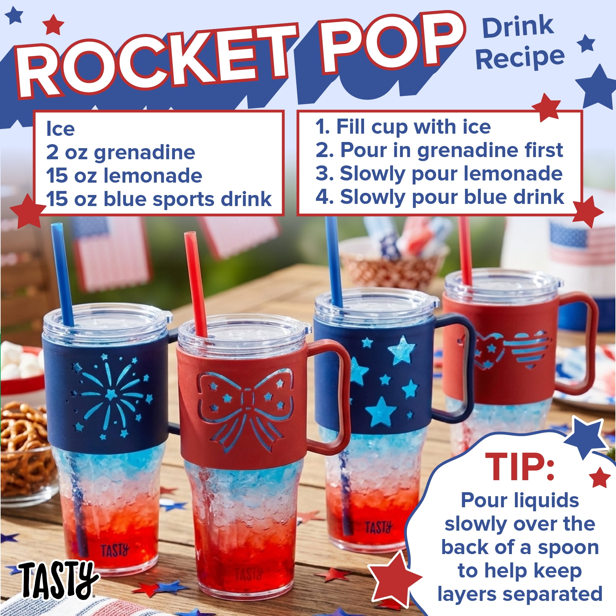 Tasty 40 oz Plastic Tumbler with Lid and Straw, Glow-in-the-Dark Handle, Stars Design, Royal Blue