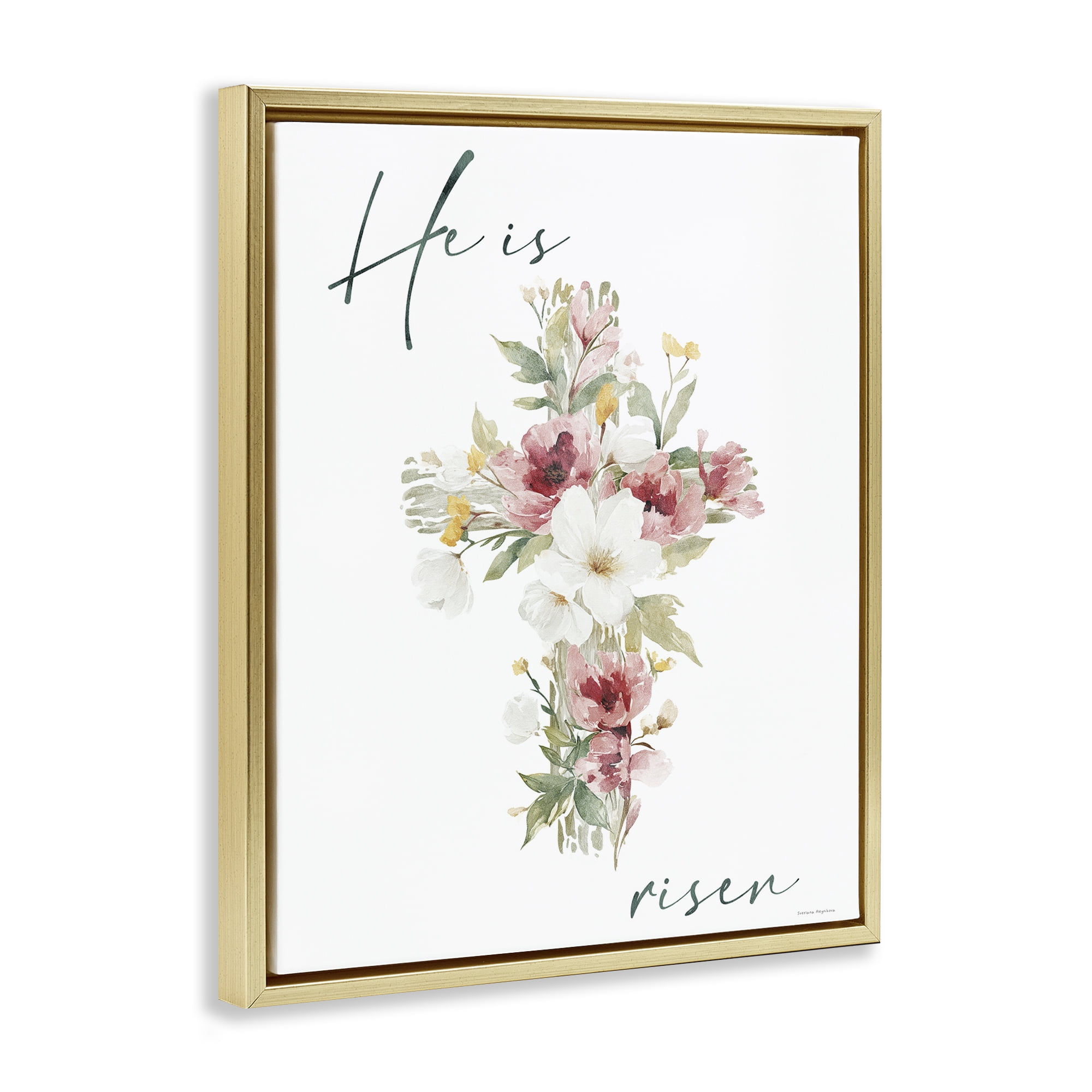 Stupell Industries He Is Risen Flower Cross Gold Framed Floater Canvas Wall Art, design by Svetlana Aleynikova