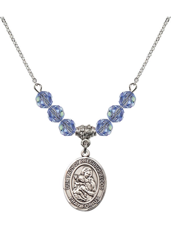 Bonyak Jewelry 18 Inch Rhodium Plated Necklace w/ 6mm Light Blue September Birth Month Stone Beads and Our Lady of The Precious Blood Charm Bonyak Jewelry 18 Inch Rhodium Plated Necklace w/ 6mm Light Blue September Birth Month Stone Beads and Our Lady of The Precious Blood Charm