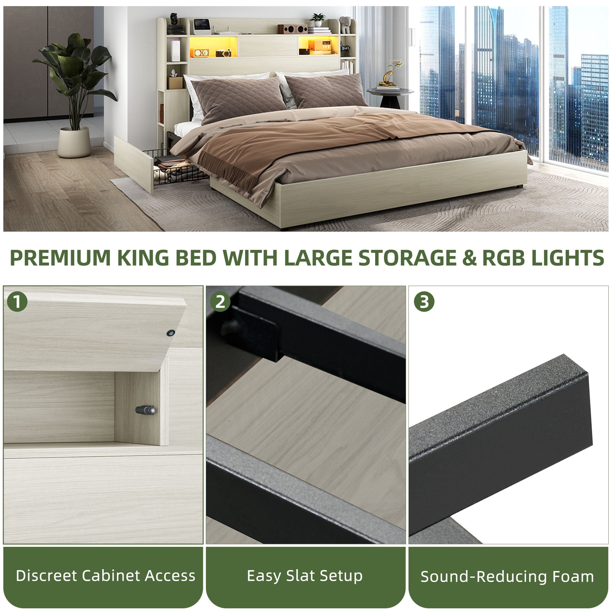 Uforic King Size Bed Frame with LED Lights & Bookshelf Headboard, Platform Bed Frame with Charging Station & Drawers, White
