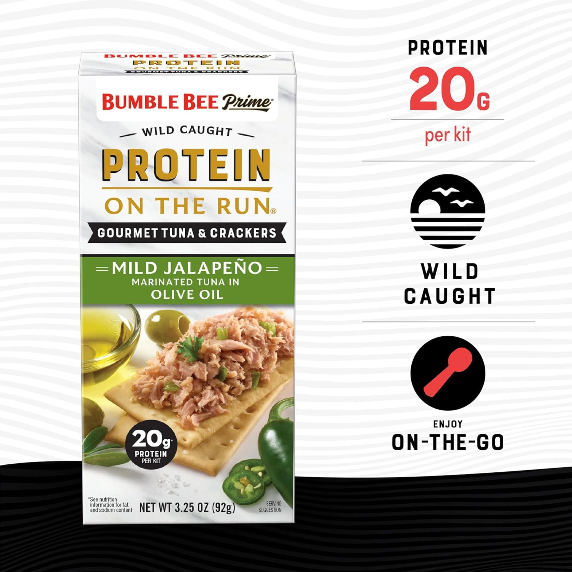 (4 pack) Bumble Bee Prime Tuna Protein on The Run Olive Oil & Mild Jalapeño, 20g Protein per serving, 3.5 oz Kit