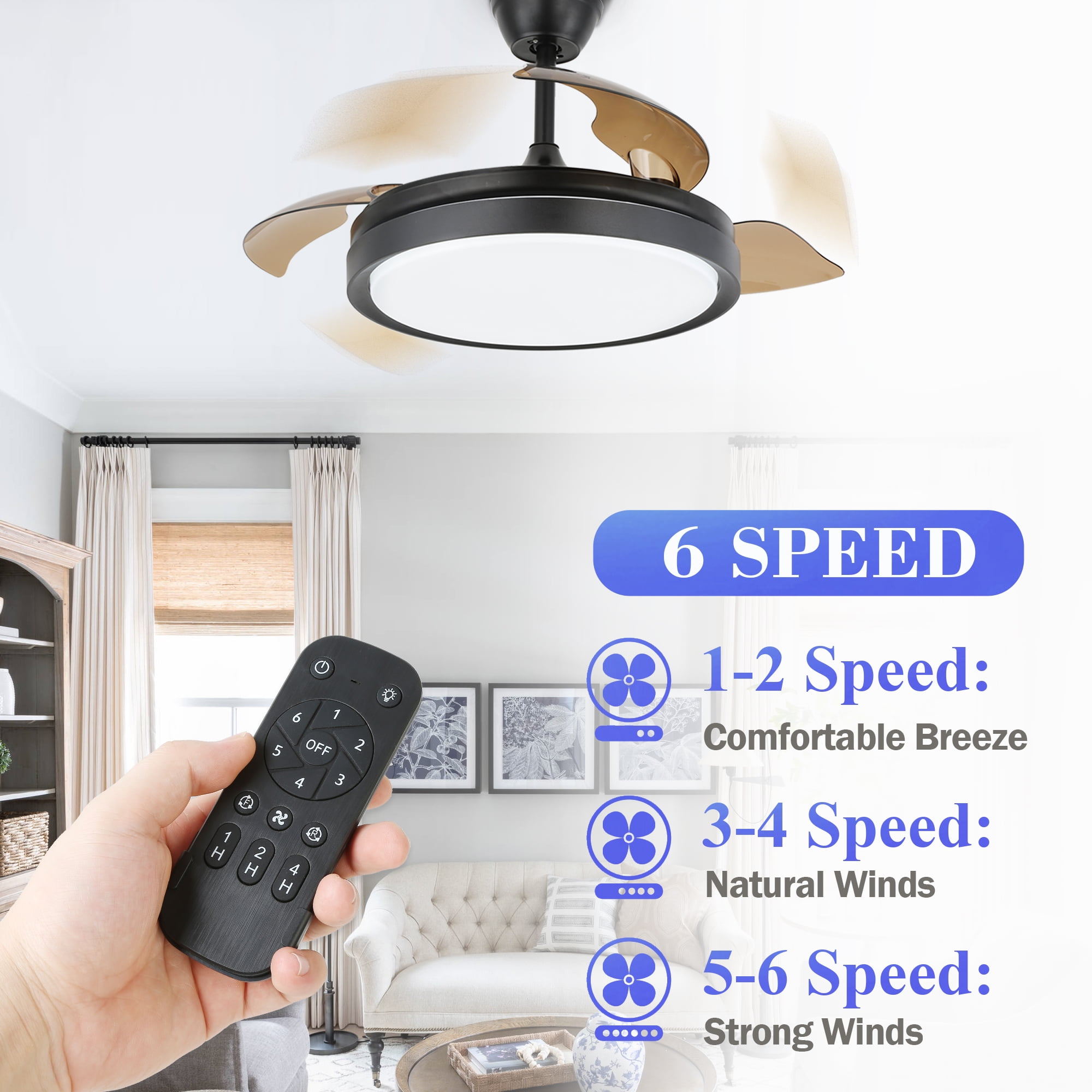 42" Retractable Ceiling Fan Reversible With Remote Control and Light Kit