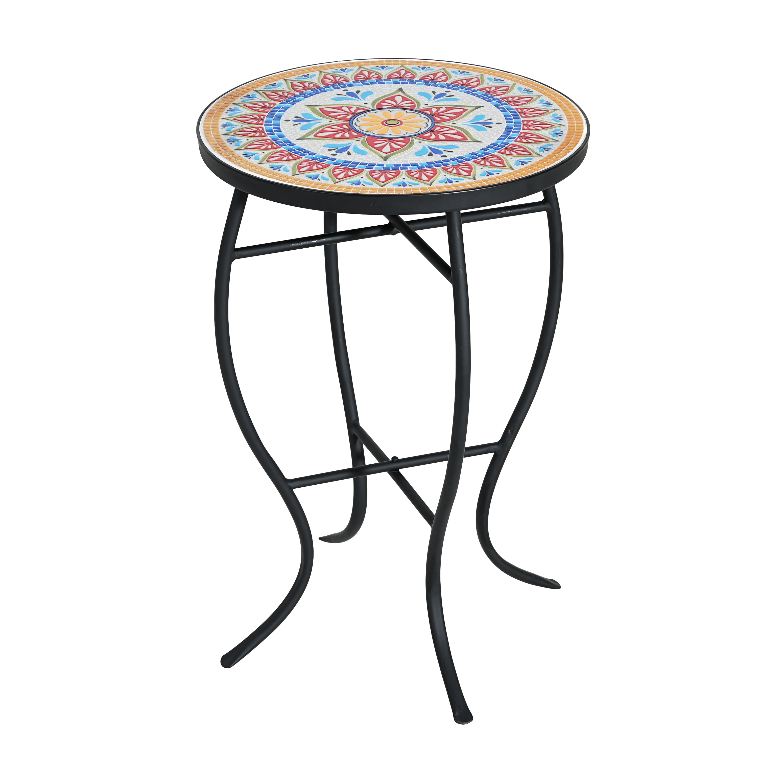 Outdoor Round Mosaic Top Iron Leg Side Table for Patio Garden, Red