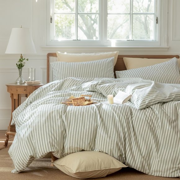 JOLUSERE 100% Organic Cotton Striped Duvet Cover Queen Set, 3-Piece Linen Like Textured Breathable Comforter Cover(Sage Green& White Classic Stripes)