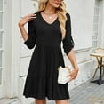 thumbnail image 4 of ZZwxWA Women's Casual V Neck Mid Sleeve Tunic Dress 2025 Smocked High Waist A-Line Tiered Mini Dresses, 4 of 7