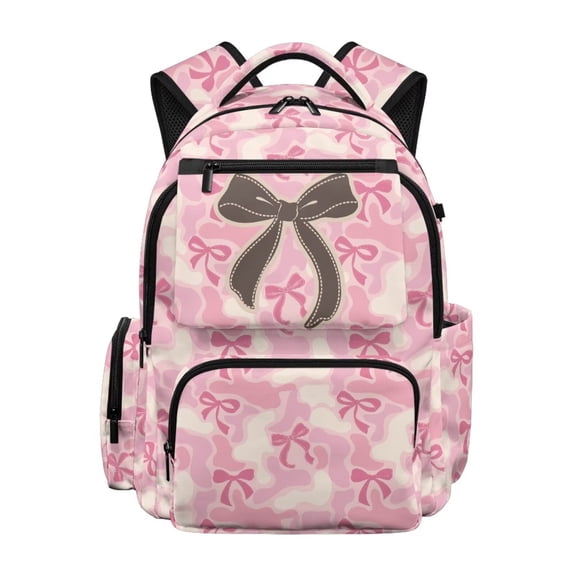 HUISEFOR Pink Camo Bow School Backpack for Girls 17 Inch Large Capacity Bookbag with Adjustable Shoulder Strap, Flap Backpack School Bag Waterproof College Students Backpacks Age 6-18